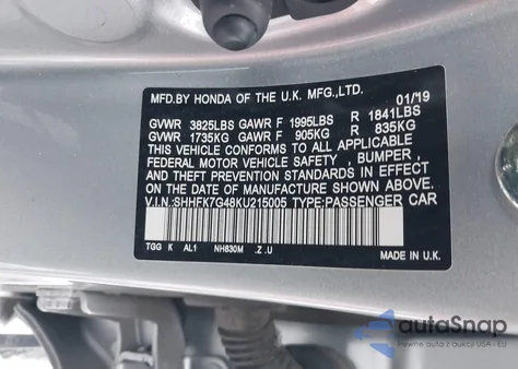 2019 Honda Civic Sport from USA, damaged, VIN SHHFK7G48KU215005